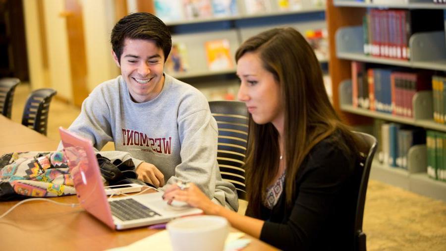 Students working on laptop in library